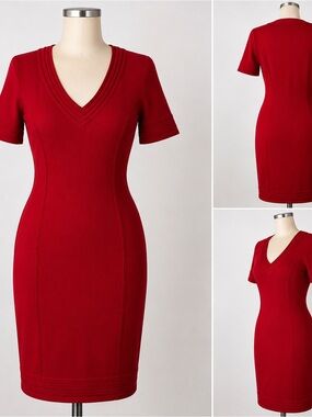 Boston Proper Red Sweater Knit Sheath Dress Size M | V-Neck Short Sleeve Bodycon